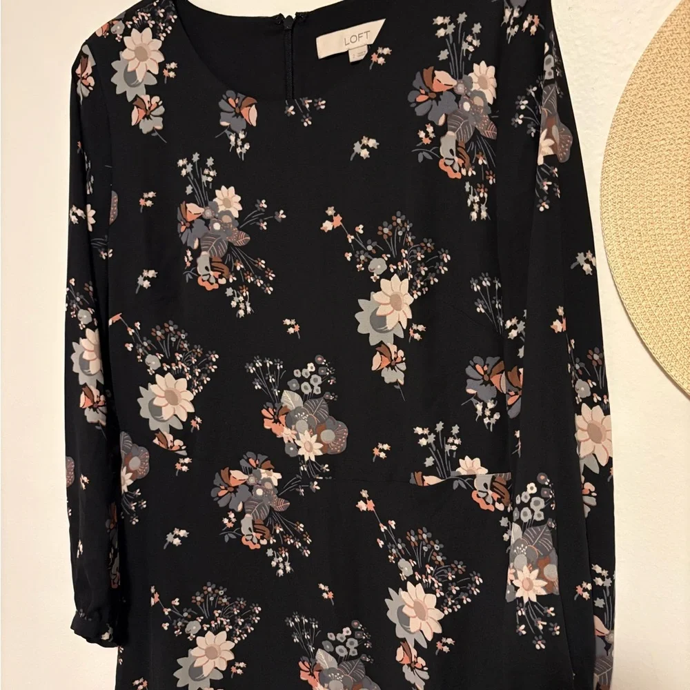 LOFT Black and Pink Floral Long Sleeve Dress - Picture 2 of 7